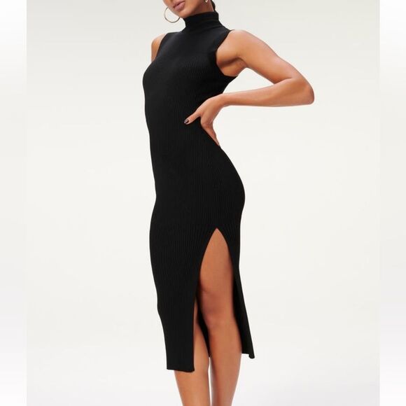 Good American Plus-Sized Black Mock Neck Knit Midi Dress- Sz 7/8 (US 4X-5X) NEW - Picture 3 of 14